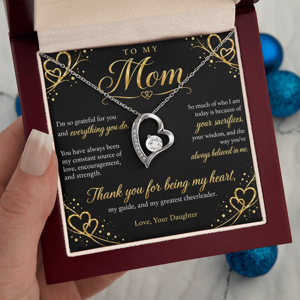 To My Mom Necklace — Forever Love Heart Pendant with Message Card | Gift for Mom from Daughter (Midnight Gold Hearts)