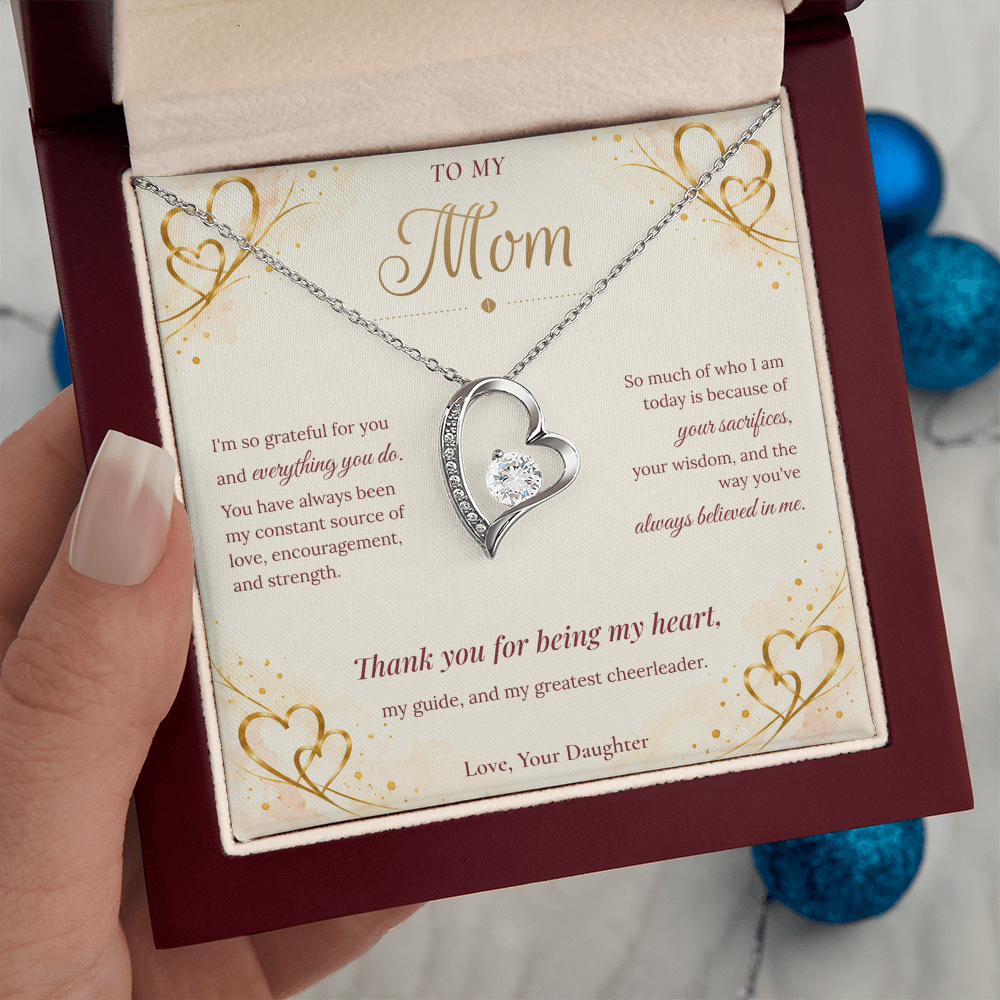 To My Mom Necklace — Forever Love Heart Pendant with Message Card | Christmas Gift for Mom (From Daughter – Gold Hearts)