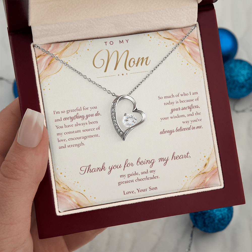 To My Mom Necklace — Forever Love Heart Pendant with Message Card | Christmas Gift for Mom (From Son – Blush Waves)