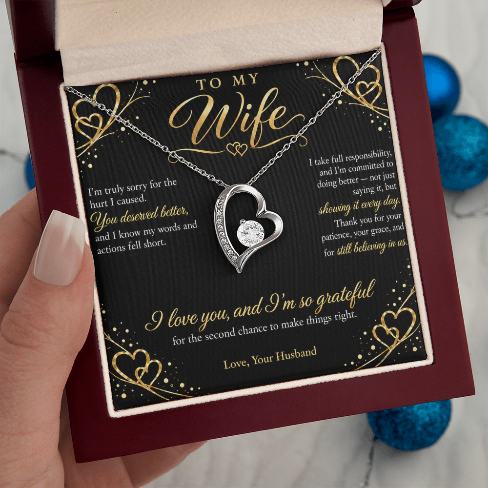 To My Wife Necklace — Forever Love Heart Pendant with Apology Message Card | I'm Sorry Gift for Wife (Midnight Gold Hearts)