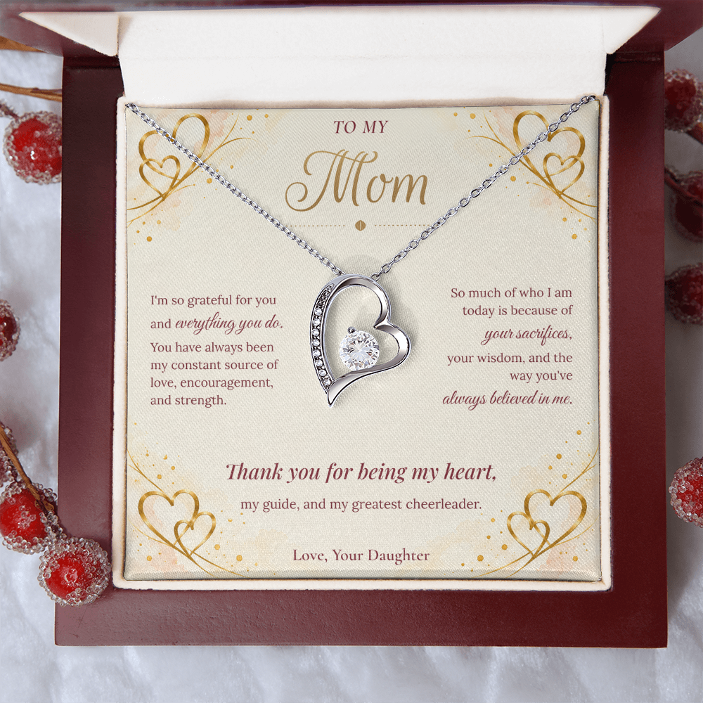To My Mom Necklace — Forever Love Heart Pendant with Message Card | Christmas Gift for Mom (From Daughter – Gold Hearts)