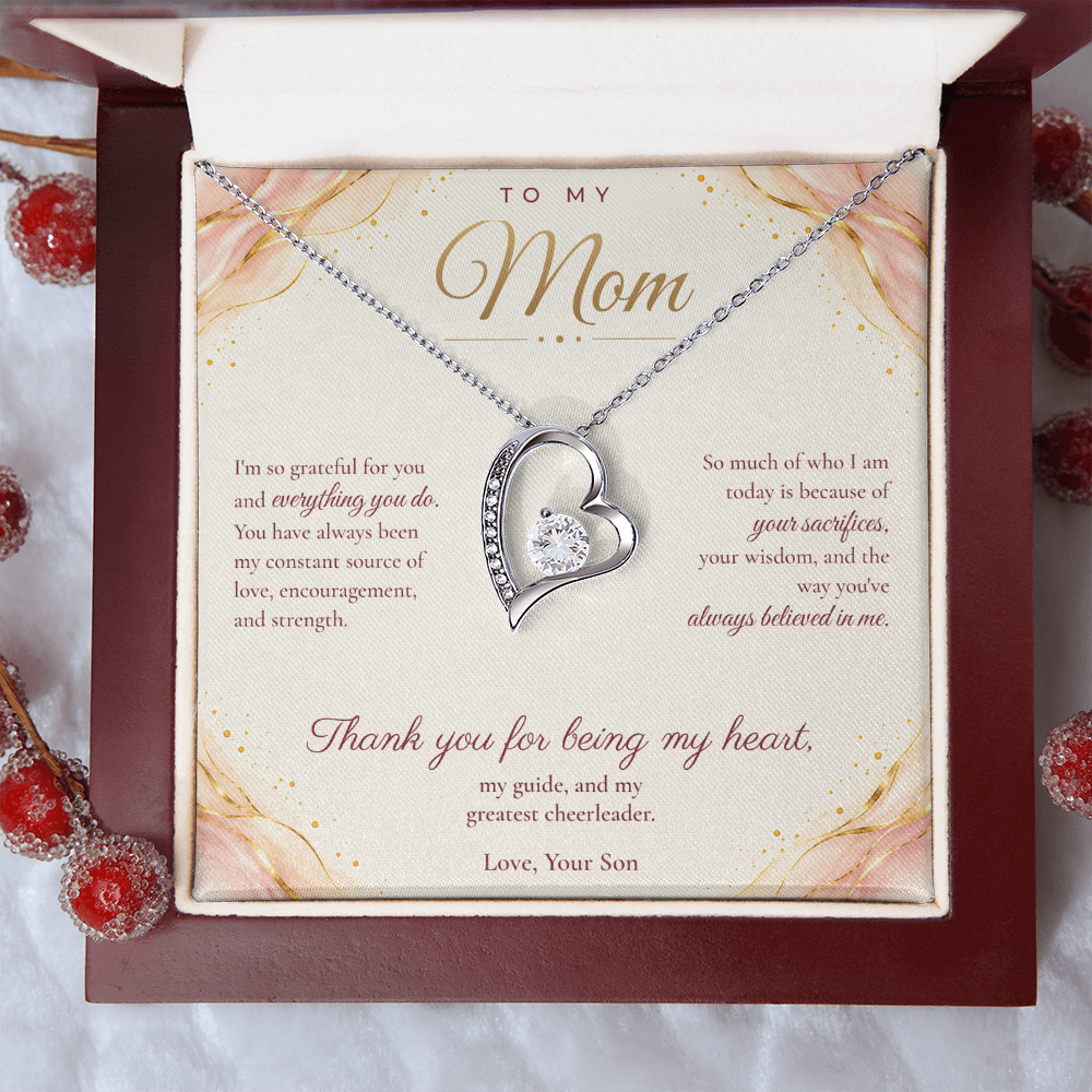 To My Mom Necklace — Forever Love Heart Pendant with Message Card | Christmas Gift for Mom (From Son – Blush Waves)