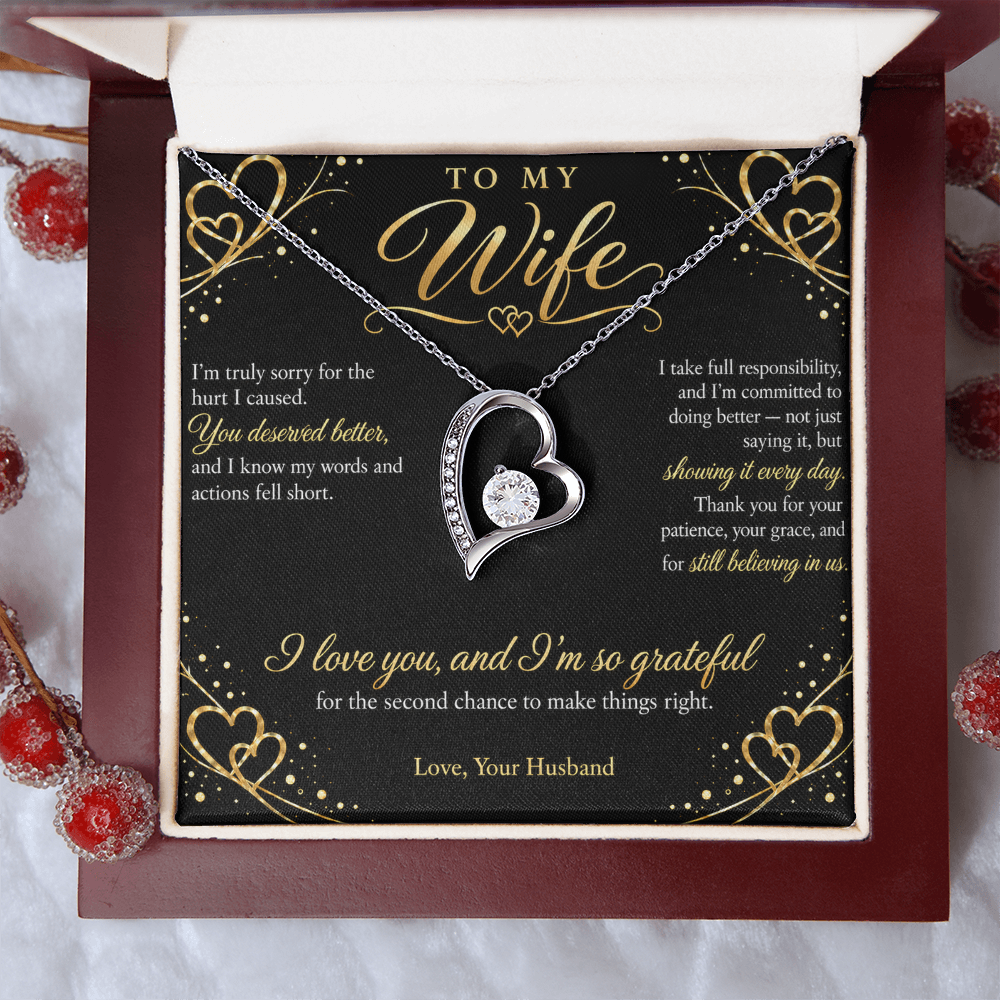 To My Wife Necklace — Forever Love Heart Pendant with Apology Message Card | I'm Sorry Gift for Wife (Midnight Gold Hearts)