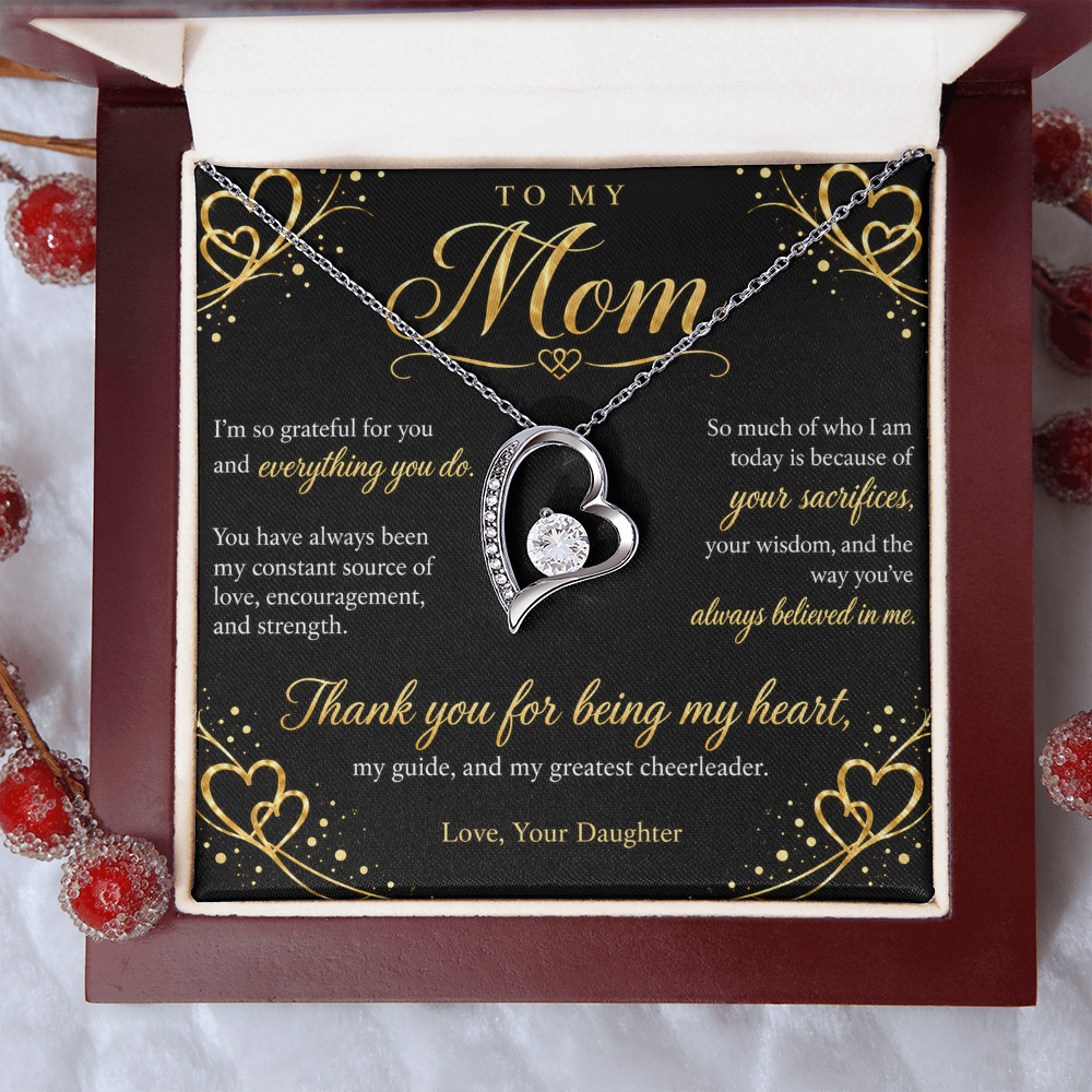 To My Mom Necklace — Forever Love Heart Pendant with Message Card | Gift for Mom from Daughter (Midnight Gold Hearts)