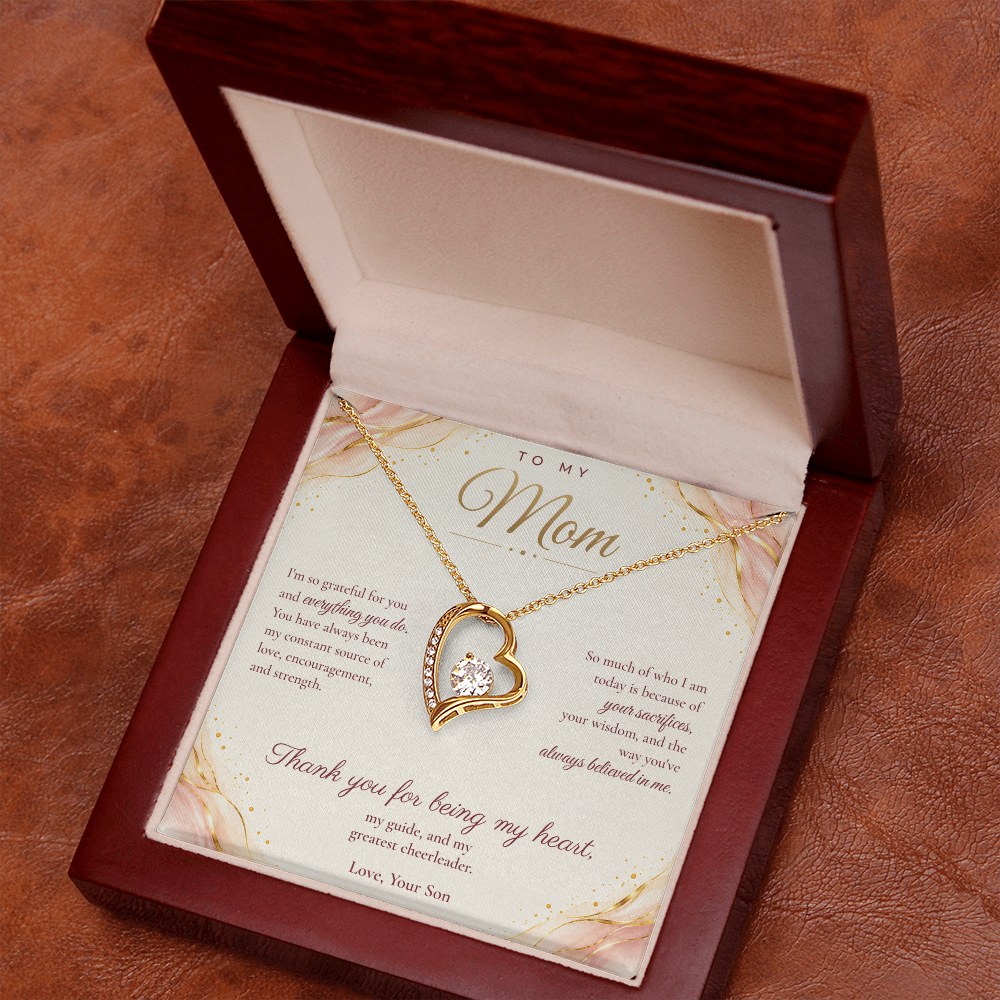 To My Mom Necklace — Forever Love Heart Pendant with Message Card | Christmas Gift for Mom (From Son – Blush Waves)