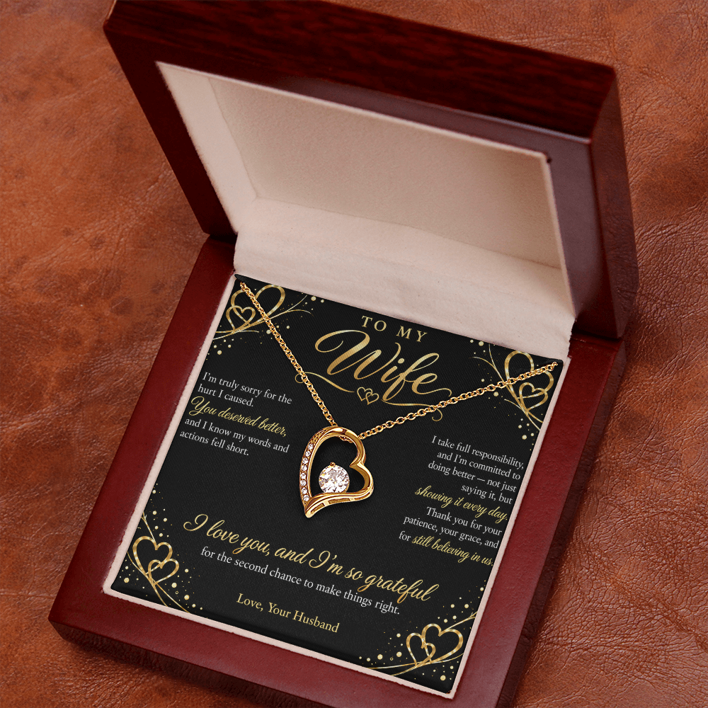 To My Wife Necklace — Forever Love Heart Pendant with Apology Message Card | I'm Sorry Gift for Wife (Midnight Gold Hearts)