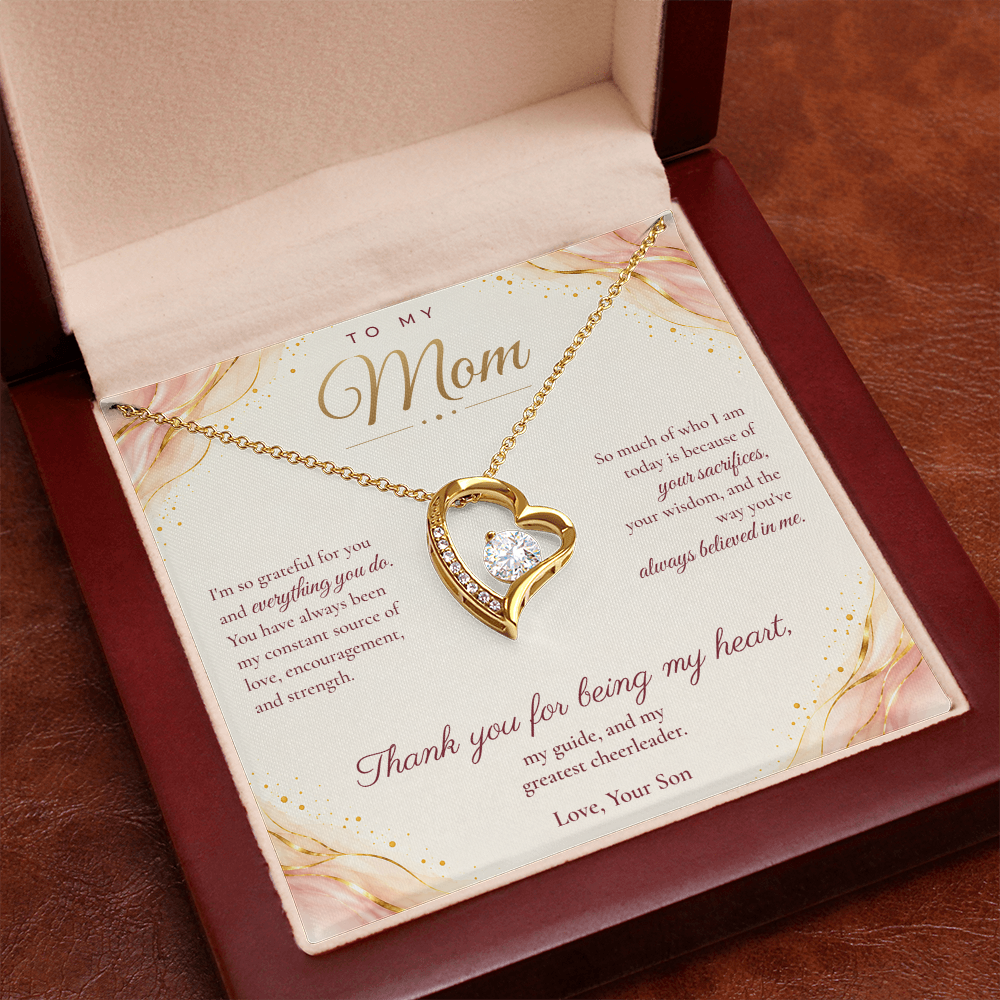 To My Mom Necklace — Forever Love Heart Pendant with Message Card | Christmas Gift for Mom (From Son – Blush Waves)