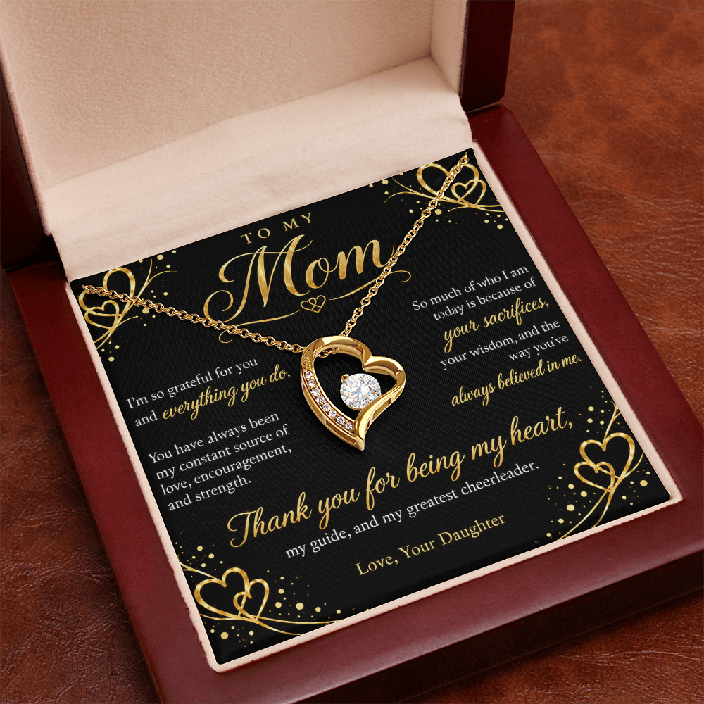 To My Mom Necklace — Forever Love Heart Pendant with Message Card | Gift for Mom from Daughter (Midnight Gold Hearts)