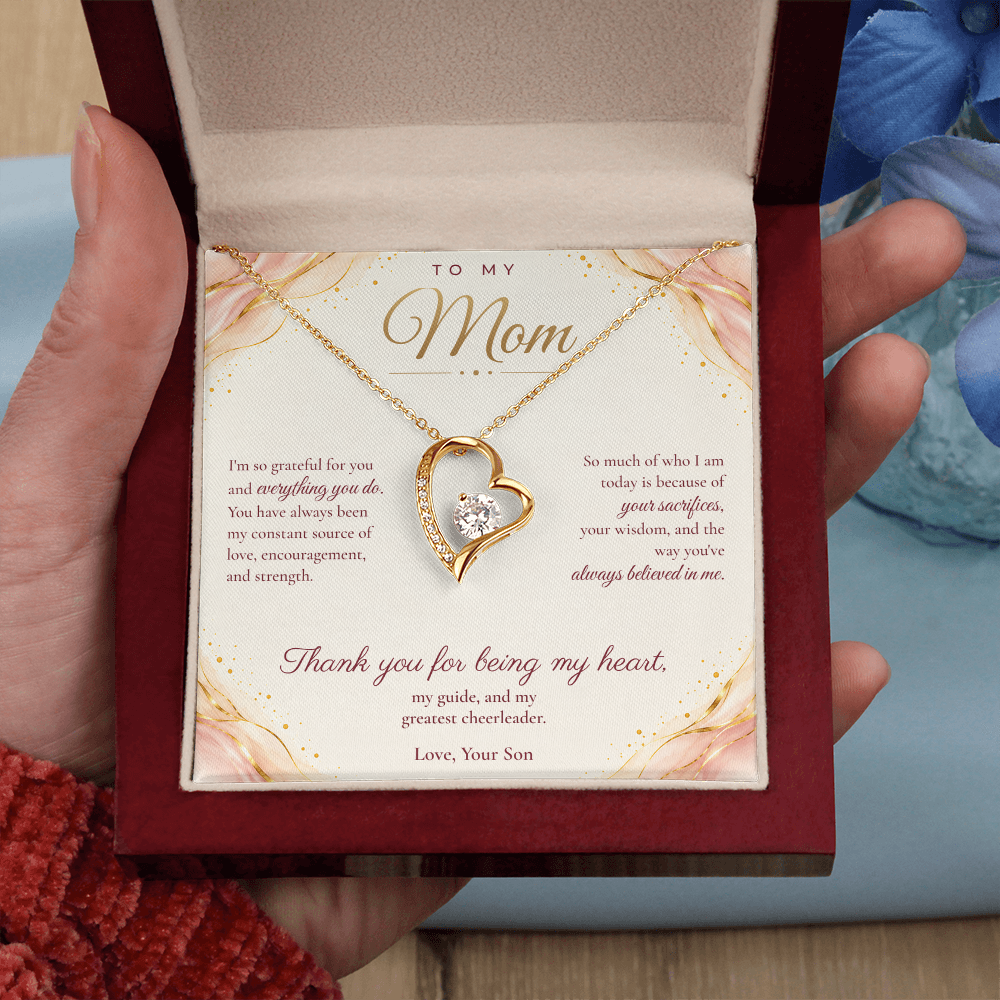 To My Mom Necklace — Forever Love Heart Pendant with Message Card | Christmas Gift for Mom (From Son – Blush Waves)