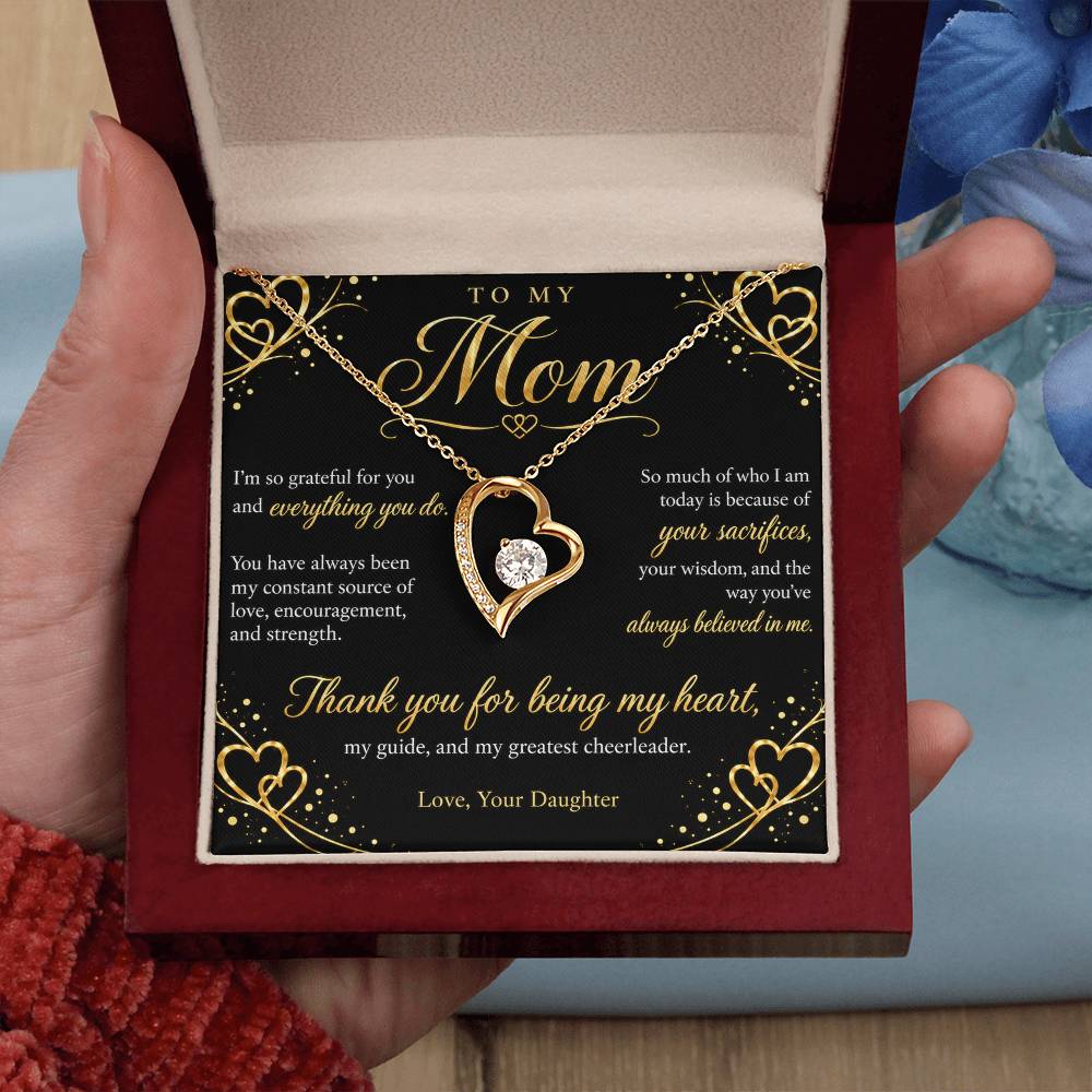 To My Mom Necklace — Forever Love Heart Pendant with Message Card | Gift for Mom from Daughter (Midnight Gold Hearts)