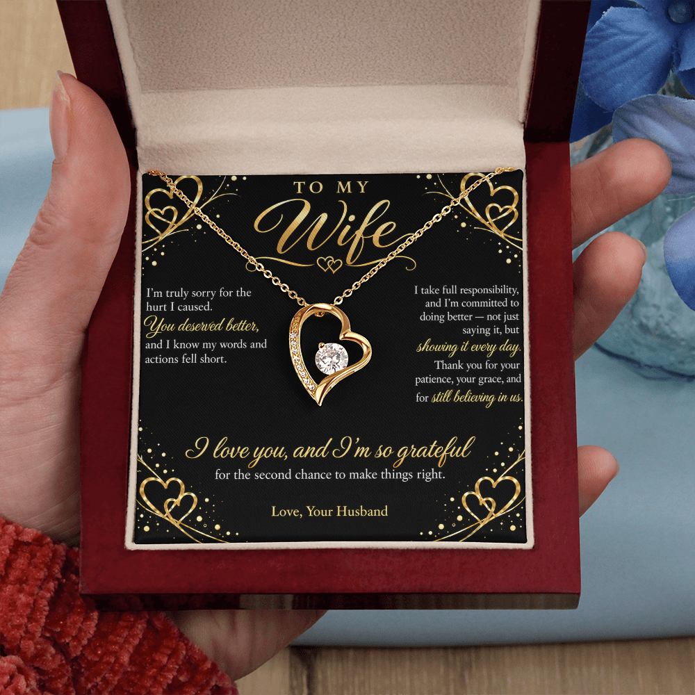 To My Wife Necklace — Forever Love Heart Pendant with Apology Message Card | I'm Sorry Gift for Wife (Midnight Gold Hearts)