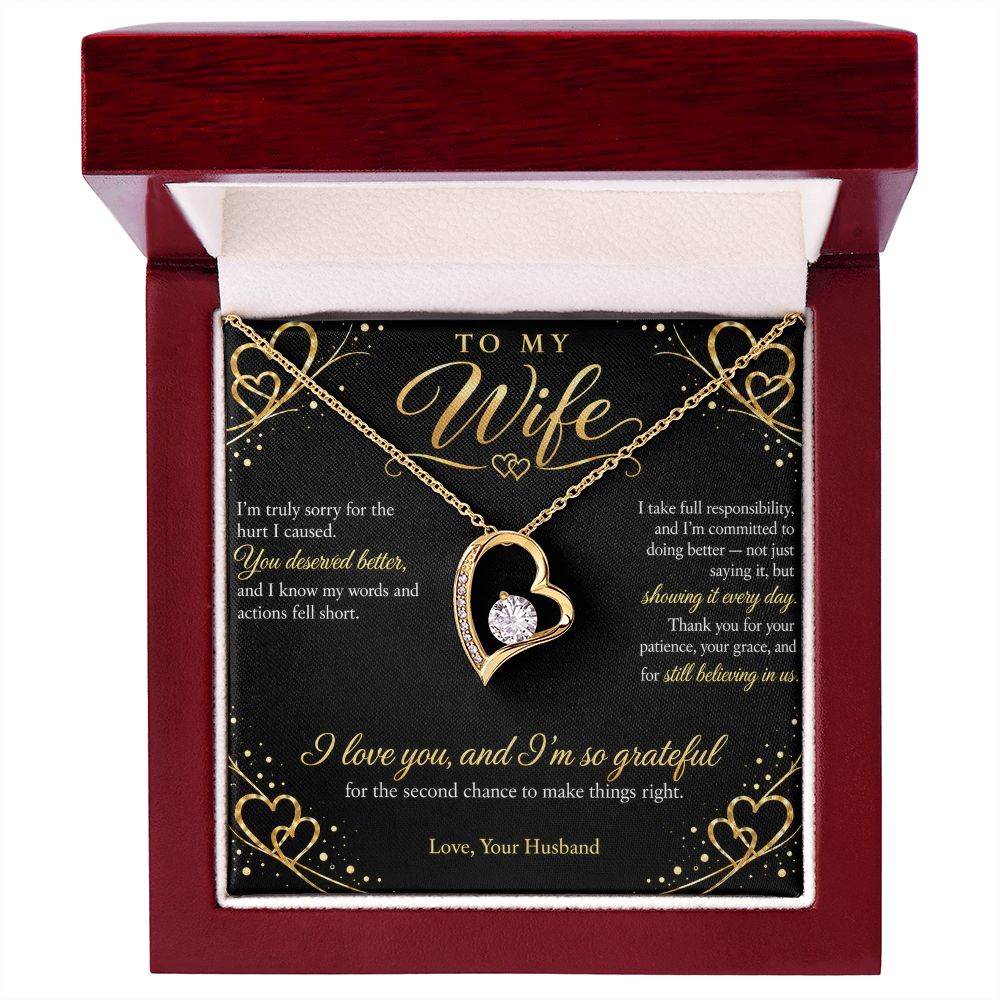 To My Wife Necklace — Forever Love Heart Pendant with Apology Message Card | I'm Sorry Gift for Wife (Midnight Gold Hearts)