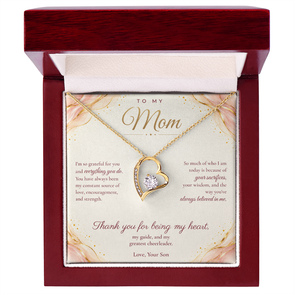 To My Mom Necklace — Forever Love Heart Pendant with Message Card | Christmas Gift for Mom (From Son – Blush Waves)