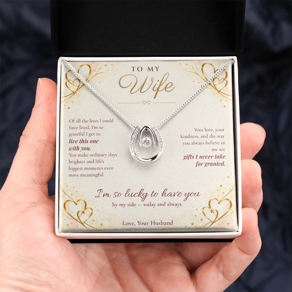 To My Wife Necklace — Lucky in Love Pendant with Message Card | Anniversary Gift for Wife (Gold Hearts)