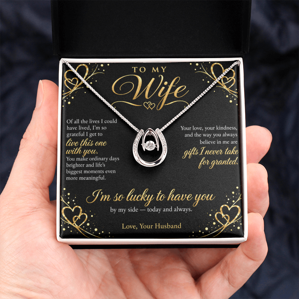To My Wife Necklace — Lucky in Love Pendant with Message Card | Anniversary Gift for Wife (Midnight Gold Hearts)