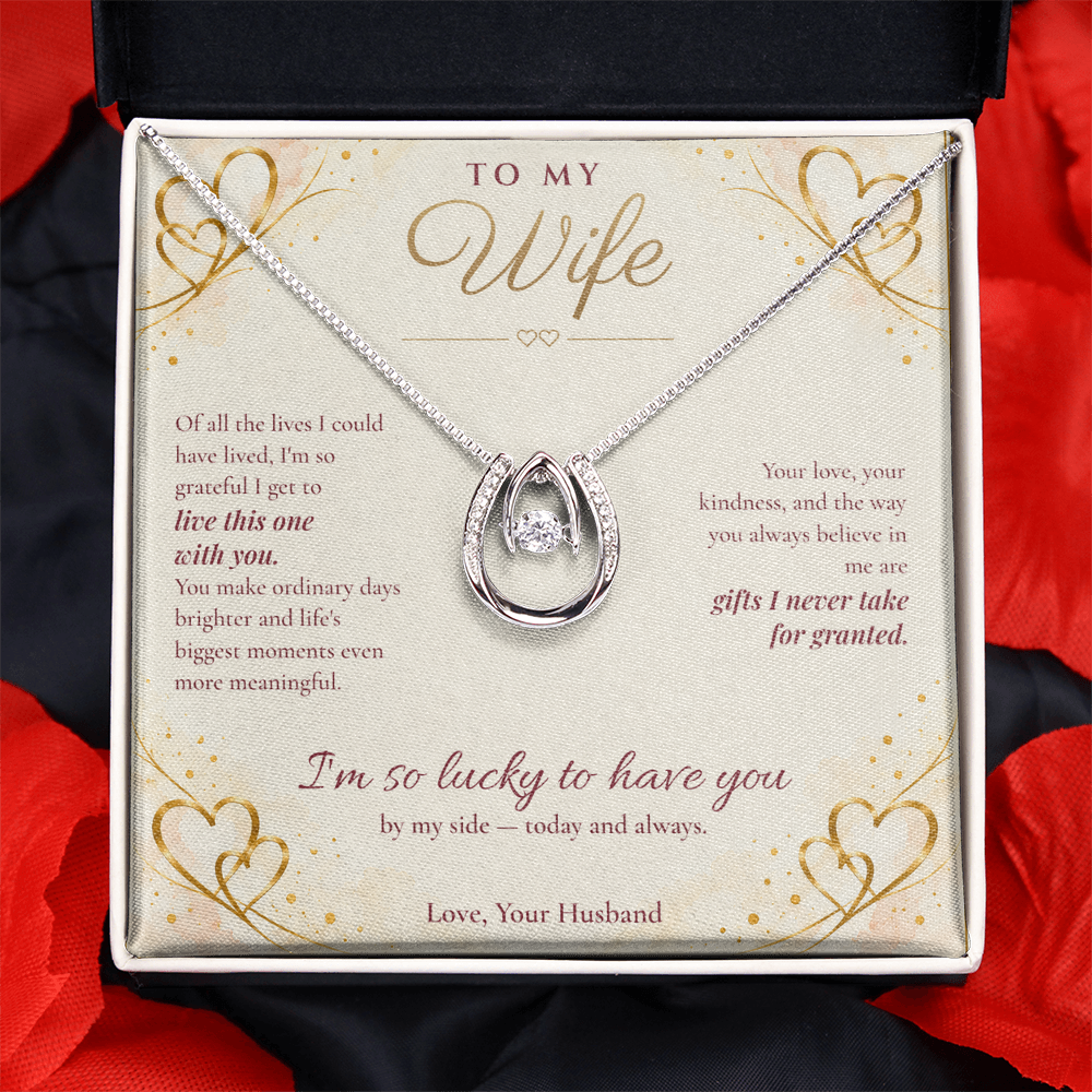 To My Wife Necklace — Lucky in Love Pendant with Message Card | Anniversary Gift for Wife (Gold Hearts)