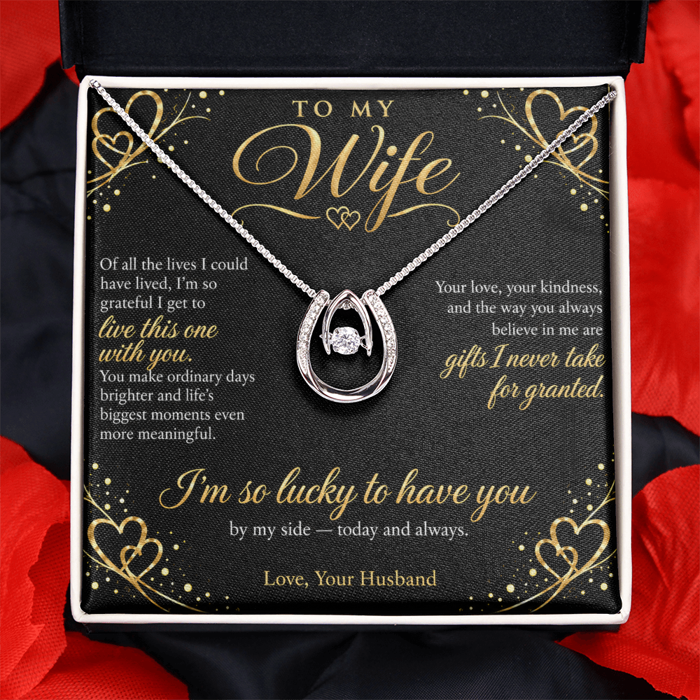 To My Wife Necklace — Lucky in Love Pendant with Message Card | Anniversary Gift for Wife (Midnight Gold Hearts)