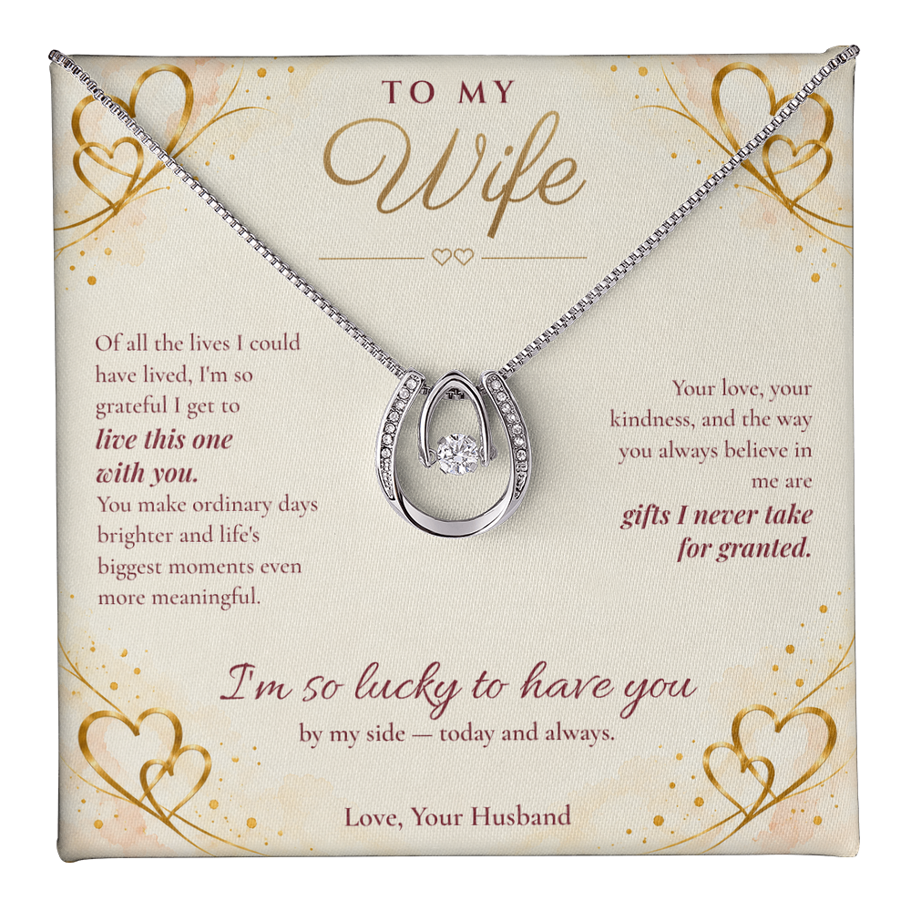 To My Wife Necklace — Lucky in Love Pendant with Message Card | Anniversary Gift for Wife (Gold Hearts)
