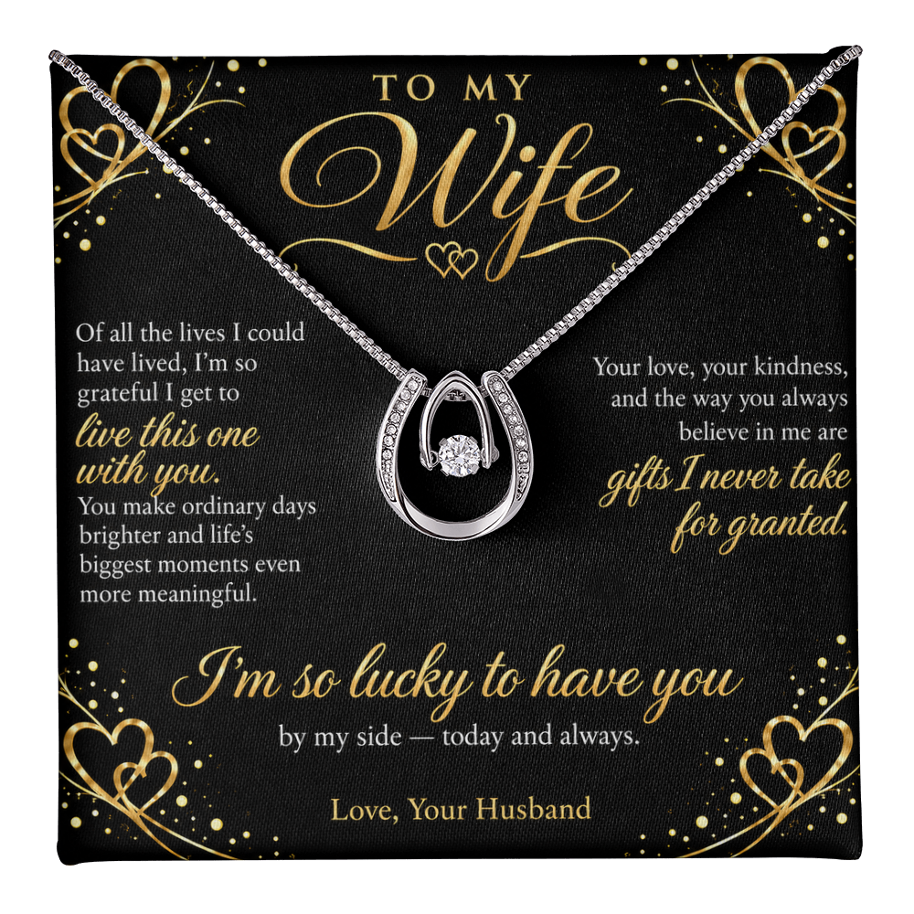 To My Wife Necklace — Lucky in Love Pendant with Message Card | Anniversary Gift for Wife (Midnight Gold Hearts)