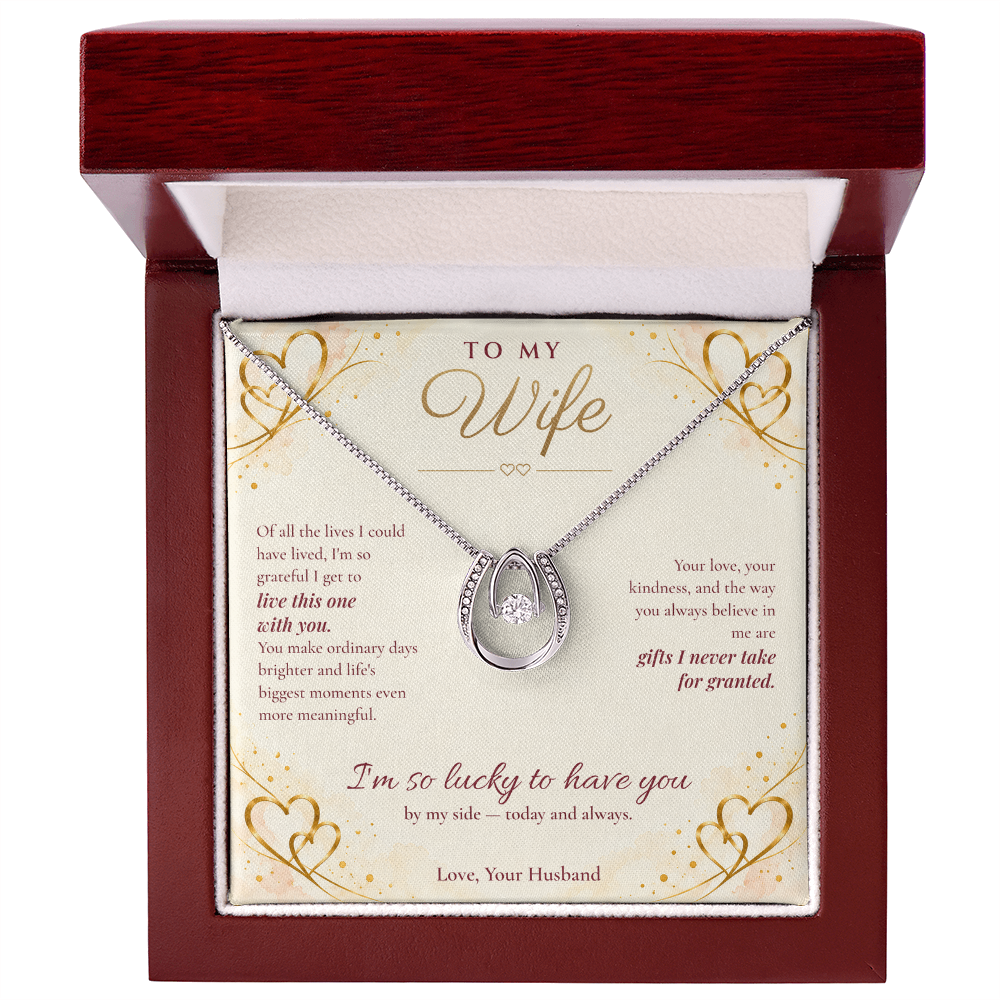 To My Wife Necklace — Lucky in Love Pendant with Message Card | Anniversary Gift for Wife (Gold Hearts)