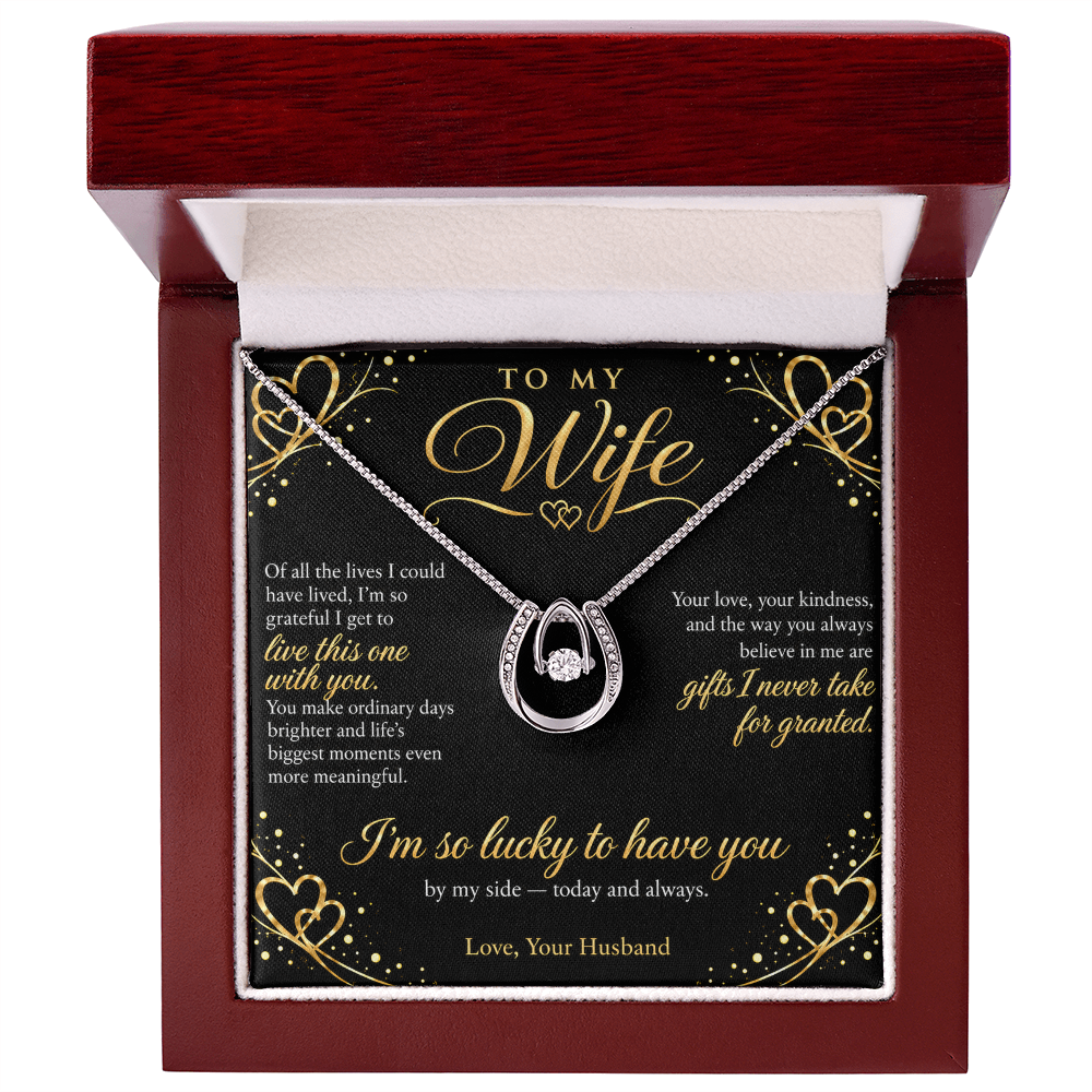 To My Wife Necklace — Lucky in Love Pendant with Message Card | Anniversary Gift for Wife (Midnight Gold Hearts)
