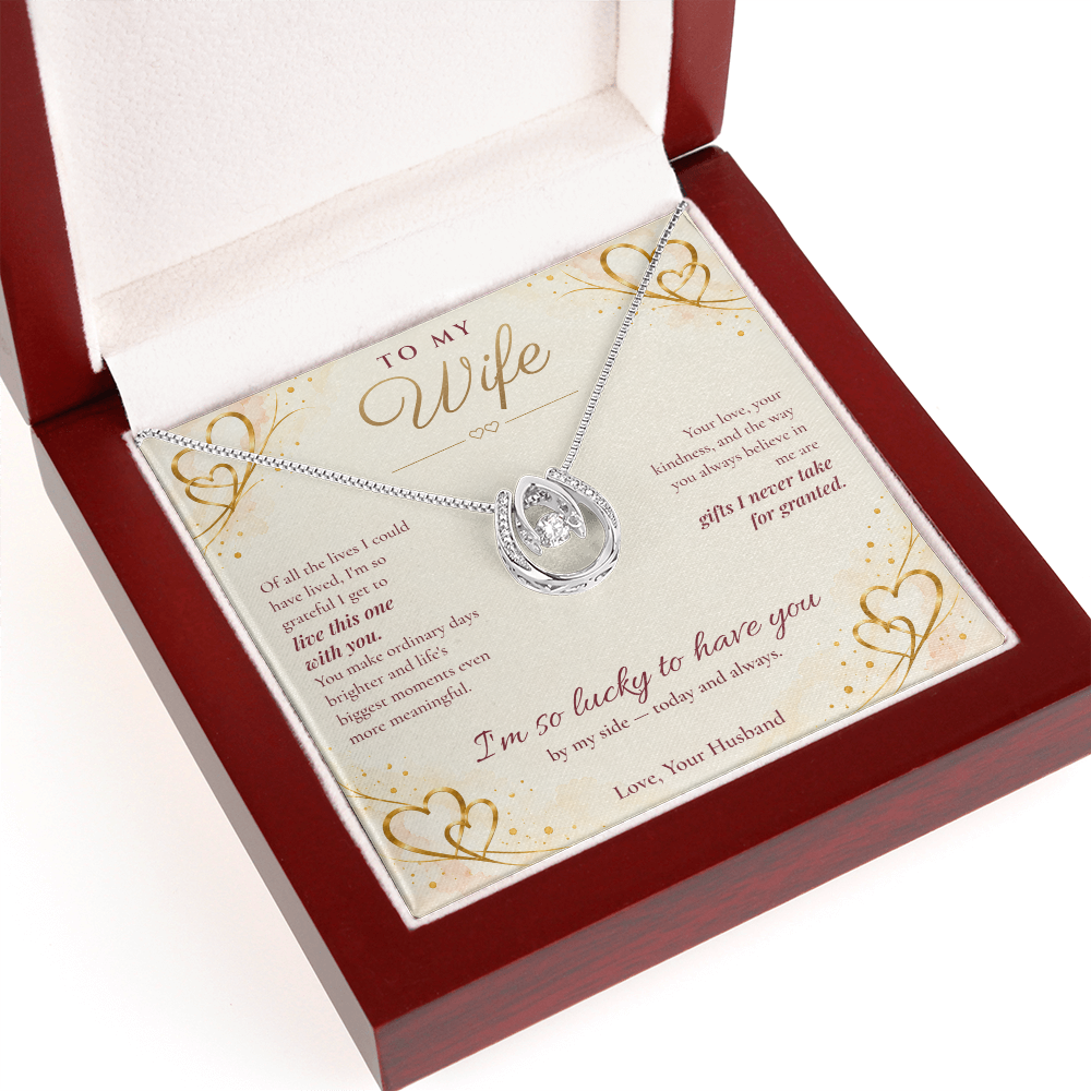 To My Wife Necklace — Lucky in Love Pendant with Message Card | Anniversary Gift for Wife (Gold Hearts)