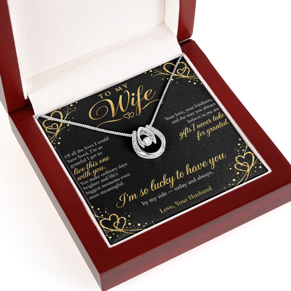 To My Wife Necklace — Lucky in Love Pendant with Message Card | Anniversary Gift for Wife (Midnight Gold Hearts)