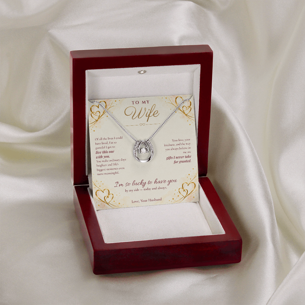 To My Wife Necklace — Lucky in Love Pendant with Message Card | Anniversary Gift for Wife (Gold Hearts)