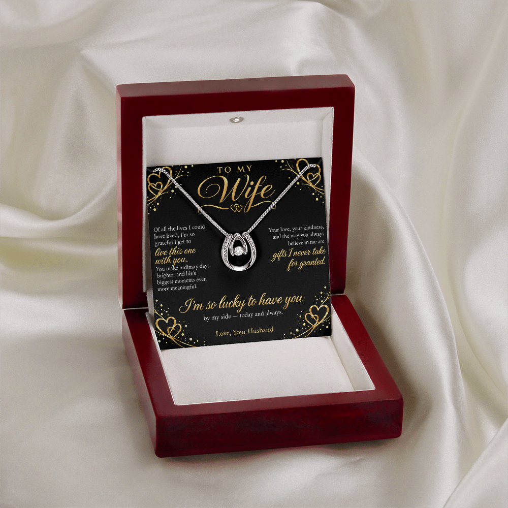 To My Wife Necklace — Lucky in Love Pendant with Message Card | Anniversary Gift for Wife (Midnight Gold Hearts)