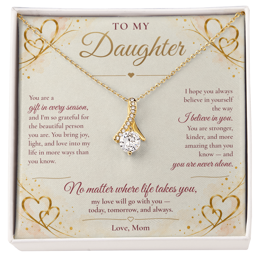 To My Daughter Necklace — Alluring Beauty Pendant with Message Card | Christmas Gift for Daughter (Love, Mom – Gold Hearts)