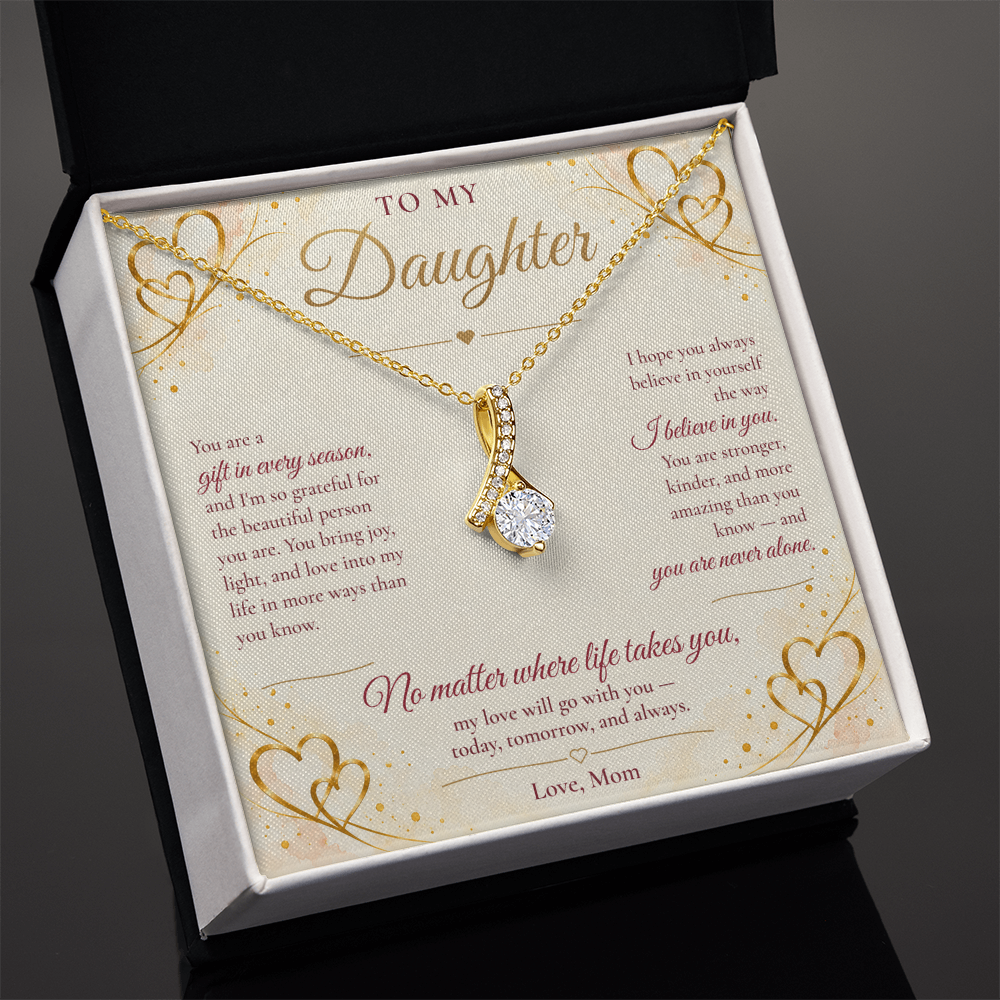 To My Daughter Necklace — Alluring Beauty Pendant with Message Card | Christmas Gift for Daughter (Love, Mom – Gold Hearts)