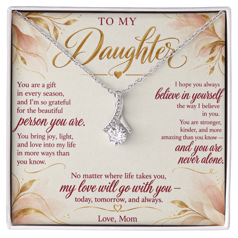 To My Daughter Necklace — Alluring Beauty Pendant with Message Card | Christmas Gift for Daughter (Love, Mom – Blush Floral)