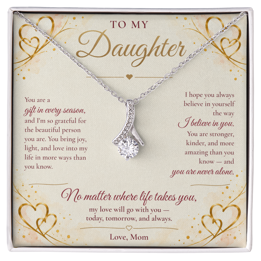 To My Daughter Necklace — Alluring Beauty Pendant with Message Card | Christmas Gift for Daughter (Love, Mom – Gold Hearts)
