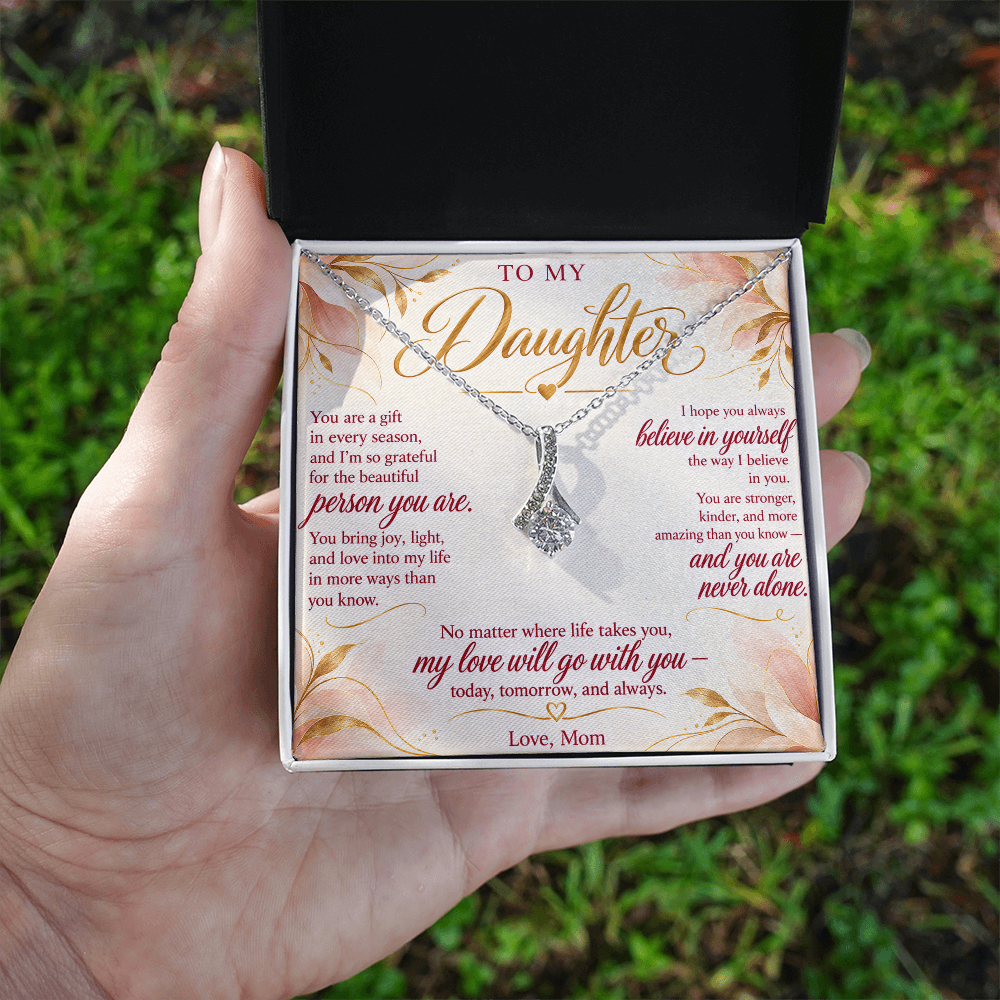 To My Daughter Necklace — Alluring Beauty Pendant with Message Card | Christmas Gift for Daughter (Love, Mom – Blush Floral)