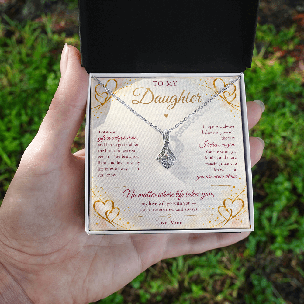 To My Daughter Necklace — Alluring Beauty Pendant with Message Card | Christmas Gift for Daughter (Love, Mom – Gold Hearts)
