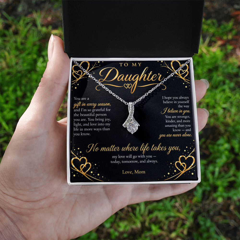To My Daughter Necklace — Alluring Beauty Pendant with Message Card | Gift for Daughter from Mom (Midnight Gold Hearts)