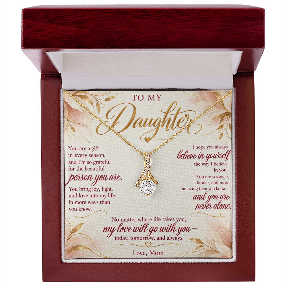 To My Daughter Necklace — Alluring Beauty Pendant with Message Card | Christmas Gift for Daughter (Love, Mom – Blush Floral)