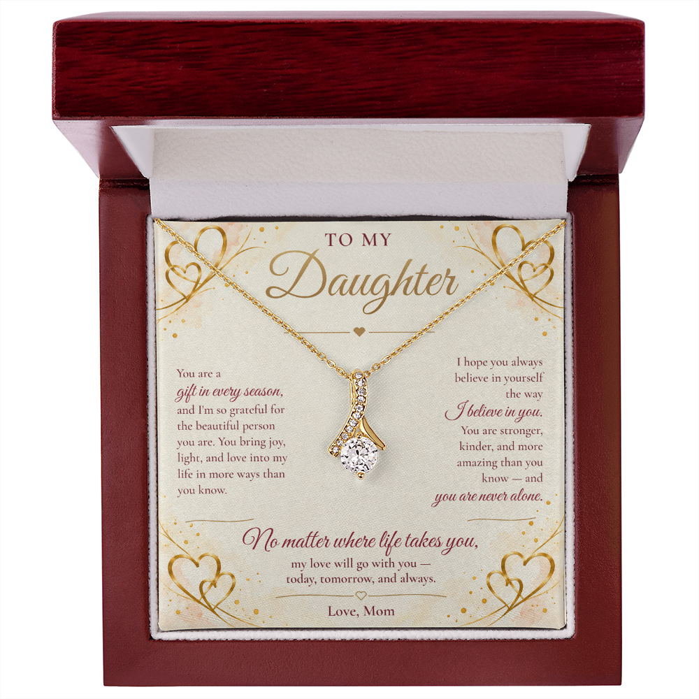 To My Daughter Necklace — Alluring Beauty Pendant with Message Card | Christmas Gift for Daughter (Love, Mom – Gold Hearts)