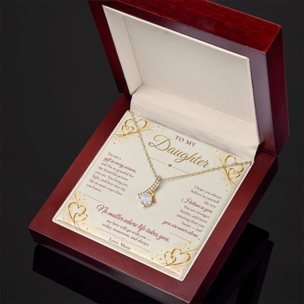 To My Daughter Necklace — Alluring Beauty Pendant with Message Card | Christmas Gift for Daughter (Love, Mom – Gold Hearts)