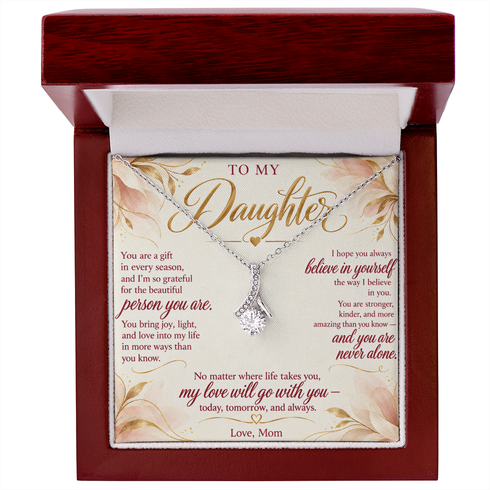 To My Daughter Necklace — Alluring Beauty Pendant with Message Card | Christmas Gift for Daughter (Love, Mom – Blush Floral)