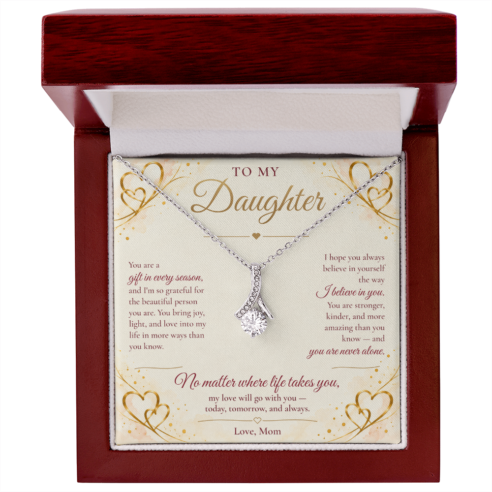 To My Daughter Necklace — Alluring Beauty Pendant with Message Card | Christmas Gift for Daughter (Love, Mom – Gold Hearts)
