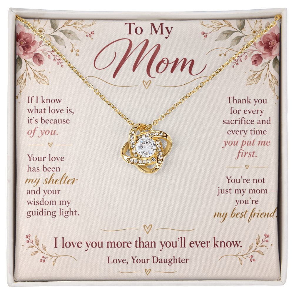 To My Mom Necklace — Love Knot Pendant with Message Card | Christmas Gift for Mom (From Daughter)