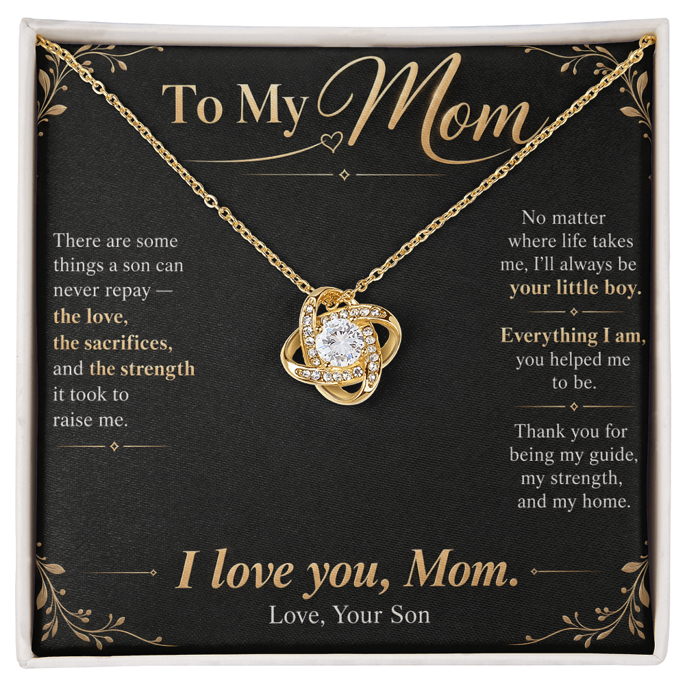 To My Mom Necklace — Love Knot Pendant with Message Card | Christmas Gift for Mom (From Son – Midnight Black)