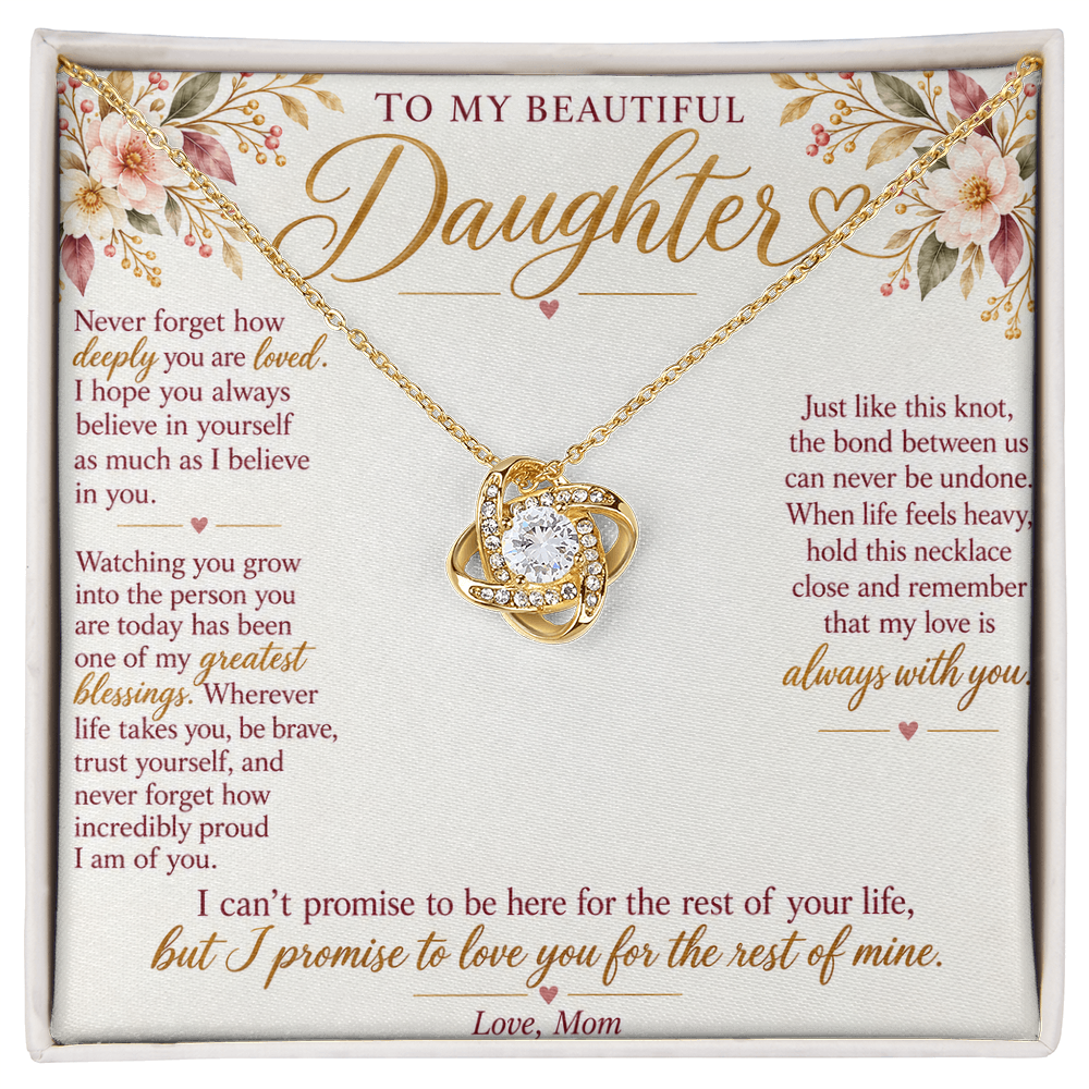 To My Daughter Necklace — Love Knot Pendant with Message Card | Christmas Gift for Daughter (Love, Mom)