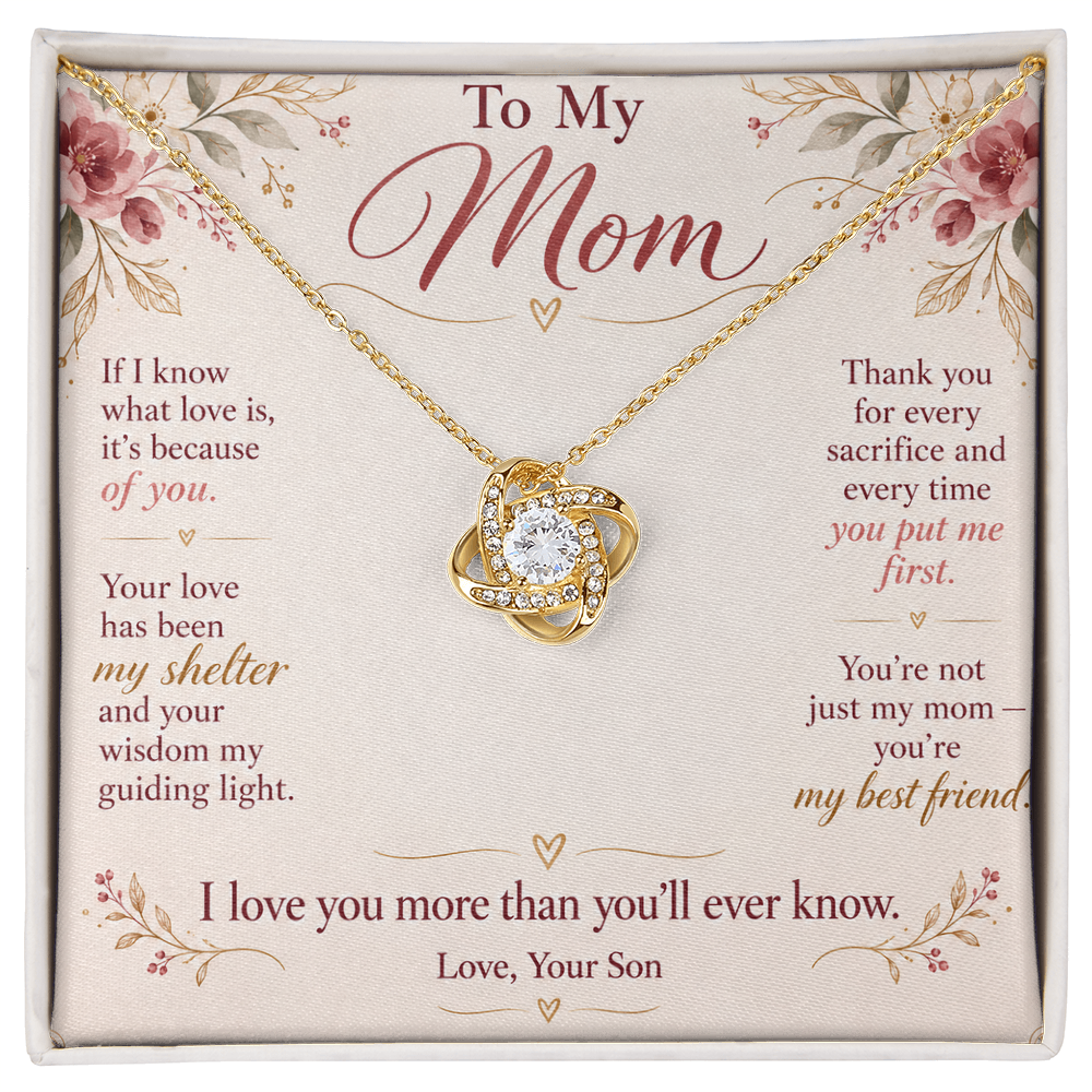To My Mom Necklace — Love Knot Pendant with Message Card | Christmas Gift for Mom (From Son)