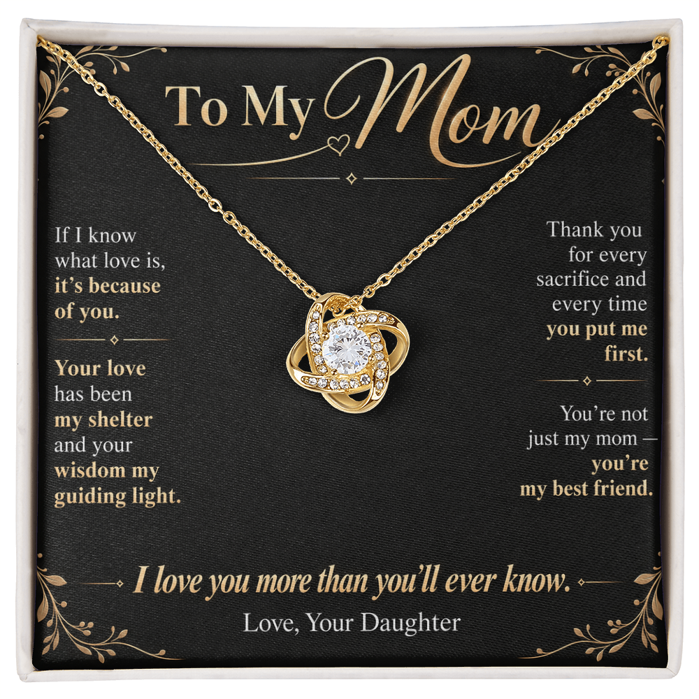 To My Mom Necklace — Love Knot Pendant with Message Card | Christmas Gift for Mom (From Daughter – Midnight Black)