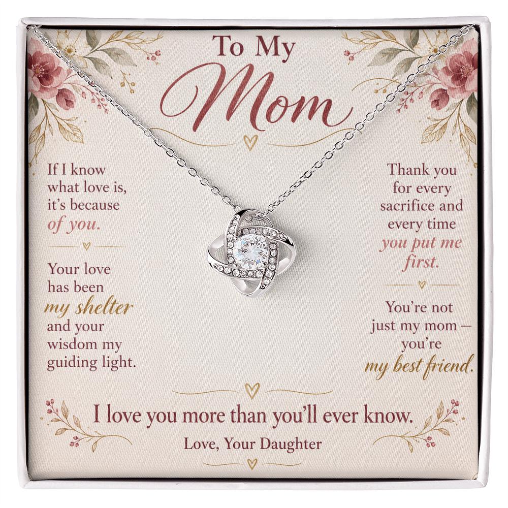 To My Mom Necklace — Love Knot Pendant with Message Card | Christmas Gift for Mom (From Daughter)