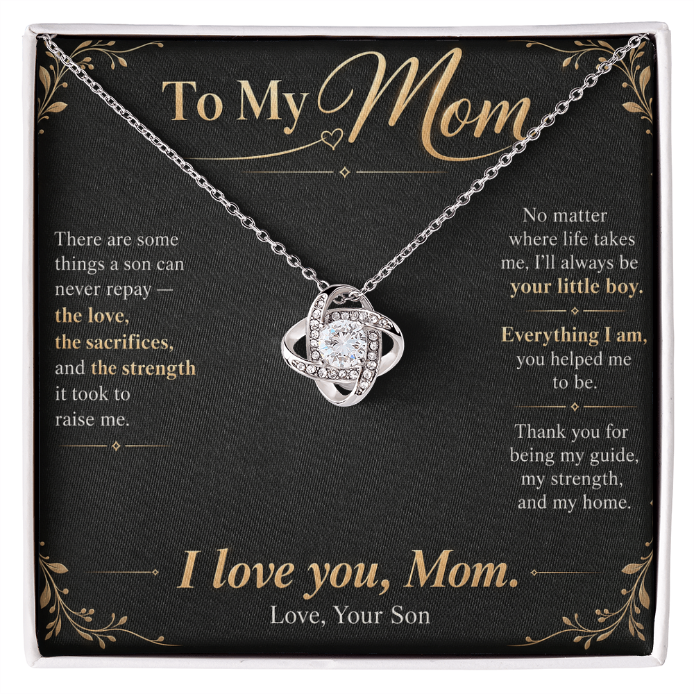 To My Mom Necklace — Love Knot Pendant with Message Card | Christmas Gift for Mom (From Son – Midnight Black)