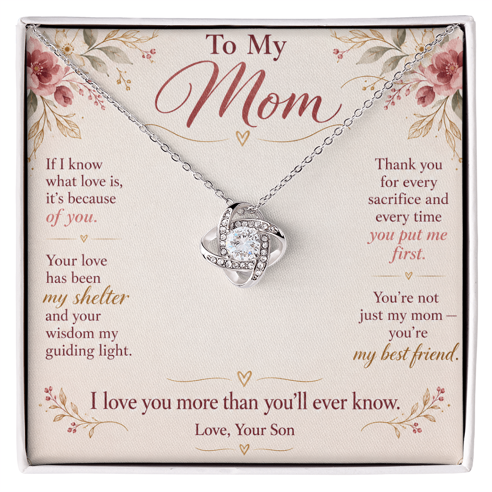 To My Mom Necklace — Love Knot Pendant with Message Card | Christmas Gift for Mom (From Son)
