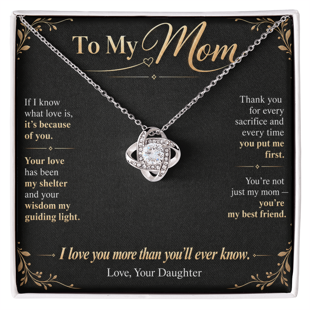 To My Mom Necklace — Love Knot Pendant with Message Card | Christmas Gift for Mom (From Daughter – Midnight Black)